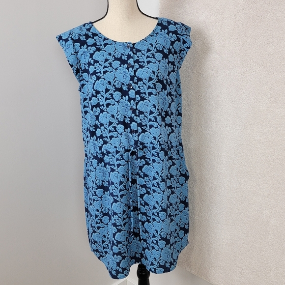 CAbi Women's Sz M Java Indigo Blue Floral Cap Sleeve Drawstring Waist Boho Dress - Picture 3 of 13